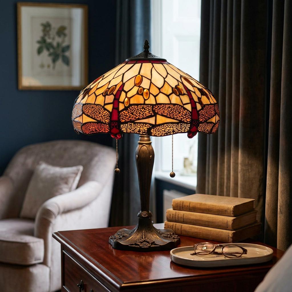 Golden dragonfly Tiffany table lamp with an ornate base glowing on a wooden side table in a cozy room.