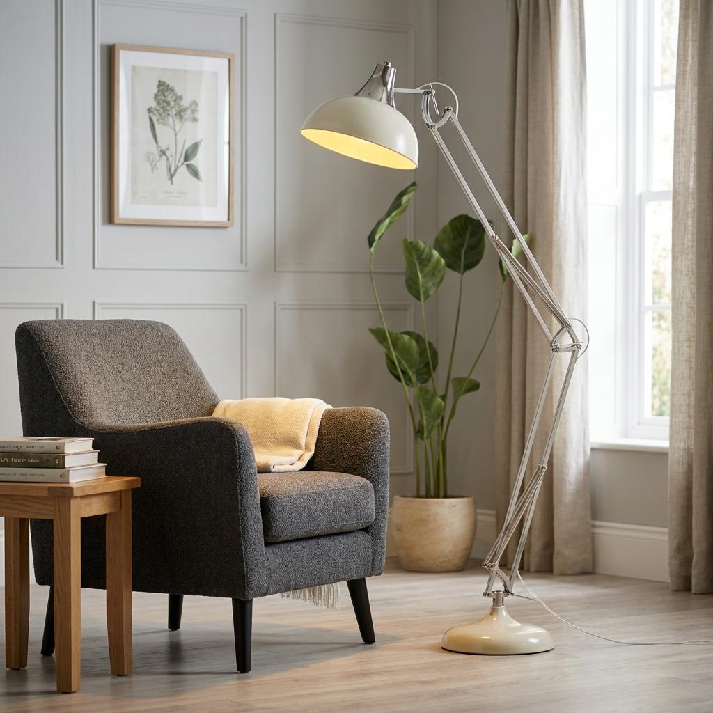 Goliath chrome and cream metal task floor lamp illuminating a grey armchair in a modern living room.