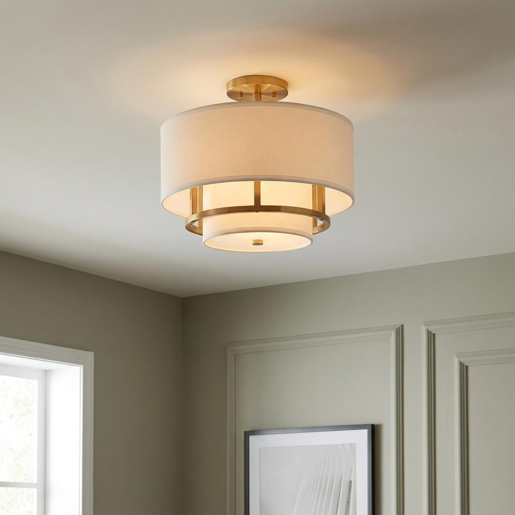 Three-light brass semi-flush ceiling fixture with tiered white fabric shades in a contemporary interior.