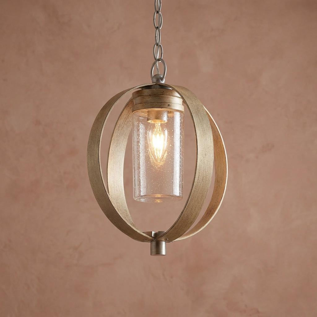 Grand Bank 1 Light Outdoor Pendant with seeded glass and circular distressed metal bands on a chain.