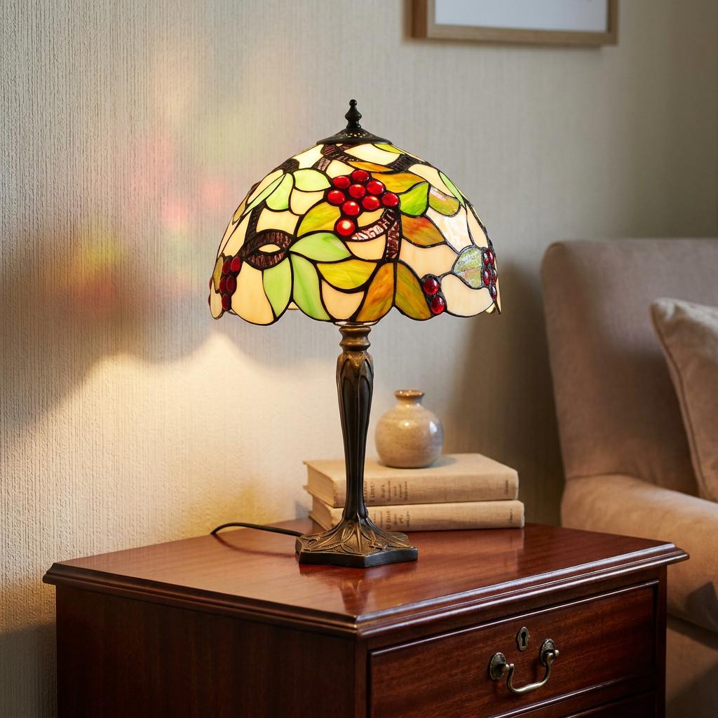 Stained glass Tiffany table lamp with a red grape motif on an ornate bronze base, lit on a wooden cabinet.