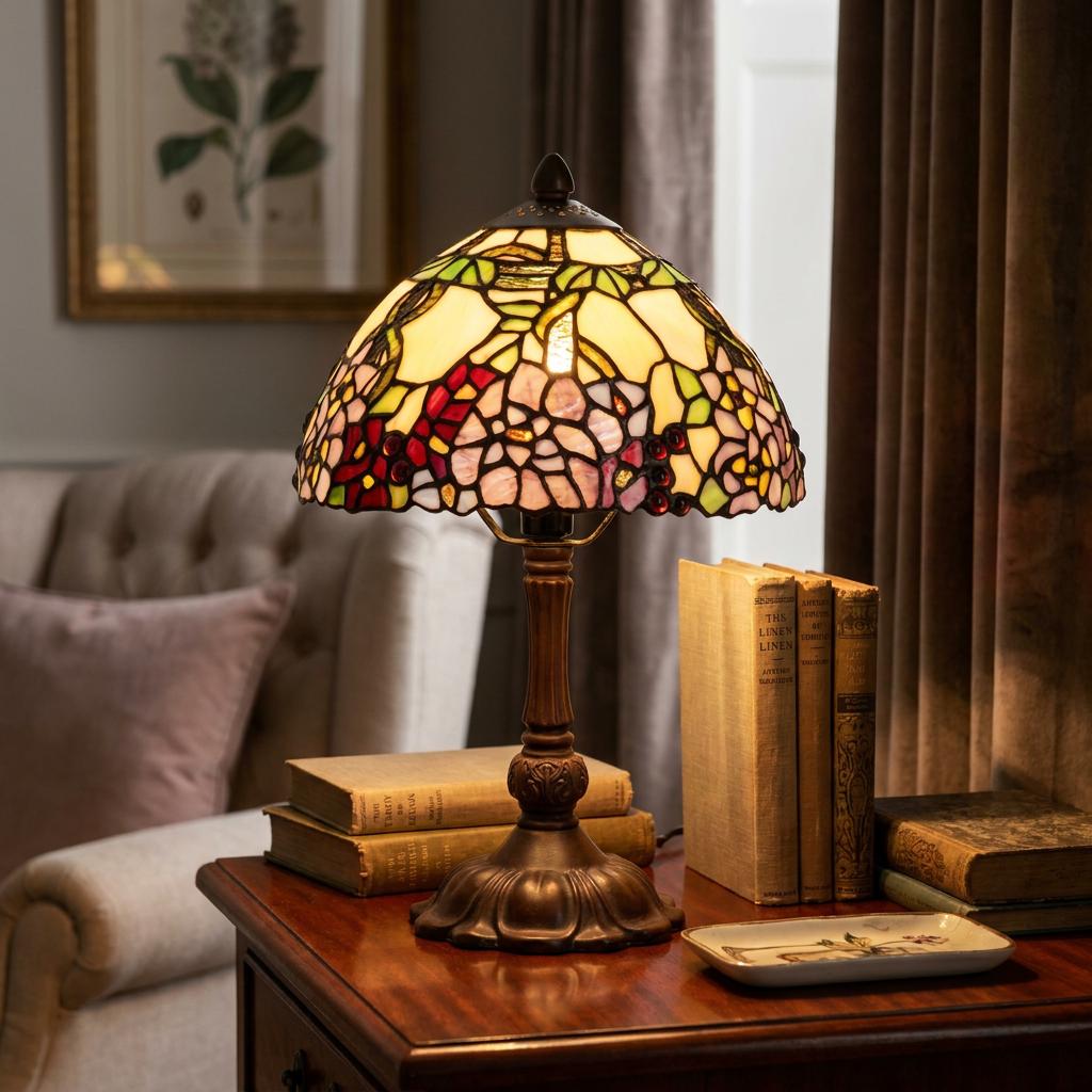 A Tiffany table lamp with a stained glass shade featuring grape and floral motifs on a wooden table with books.