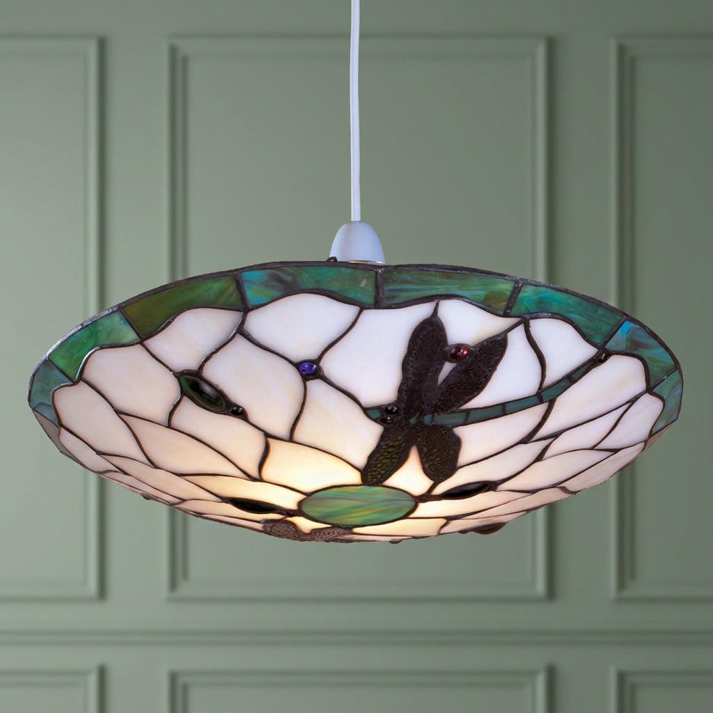 Green Dragonfly Tiffany-style easy-fit ceiling lamp shade with white and green glass panels and dragonfly motifs.
