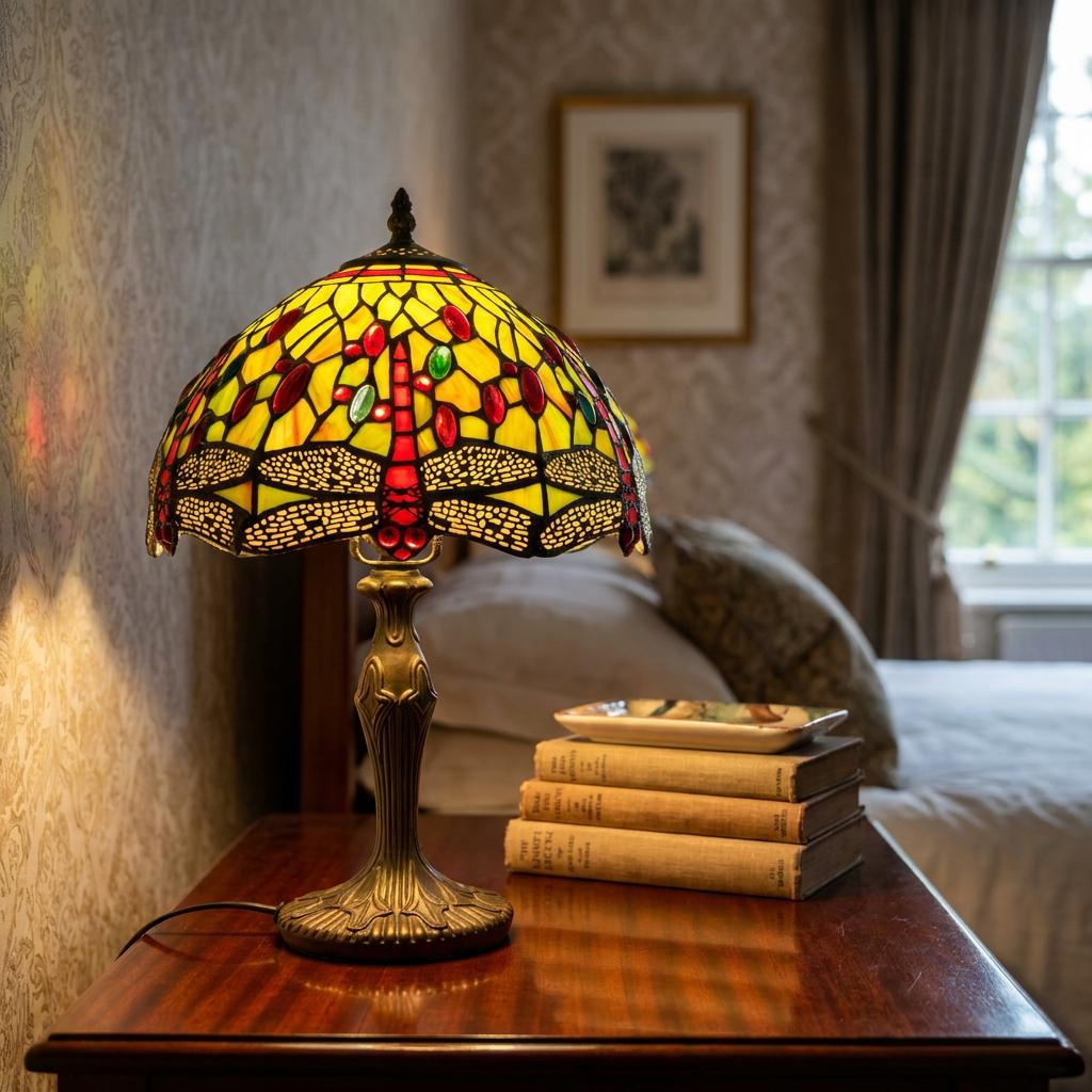 Stained glass dragonfly Tiffany lamp with a yellow and red shade on a wooden bedside table.