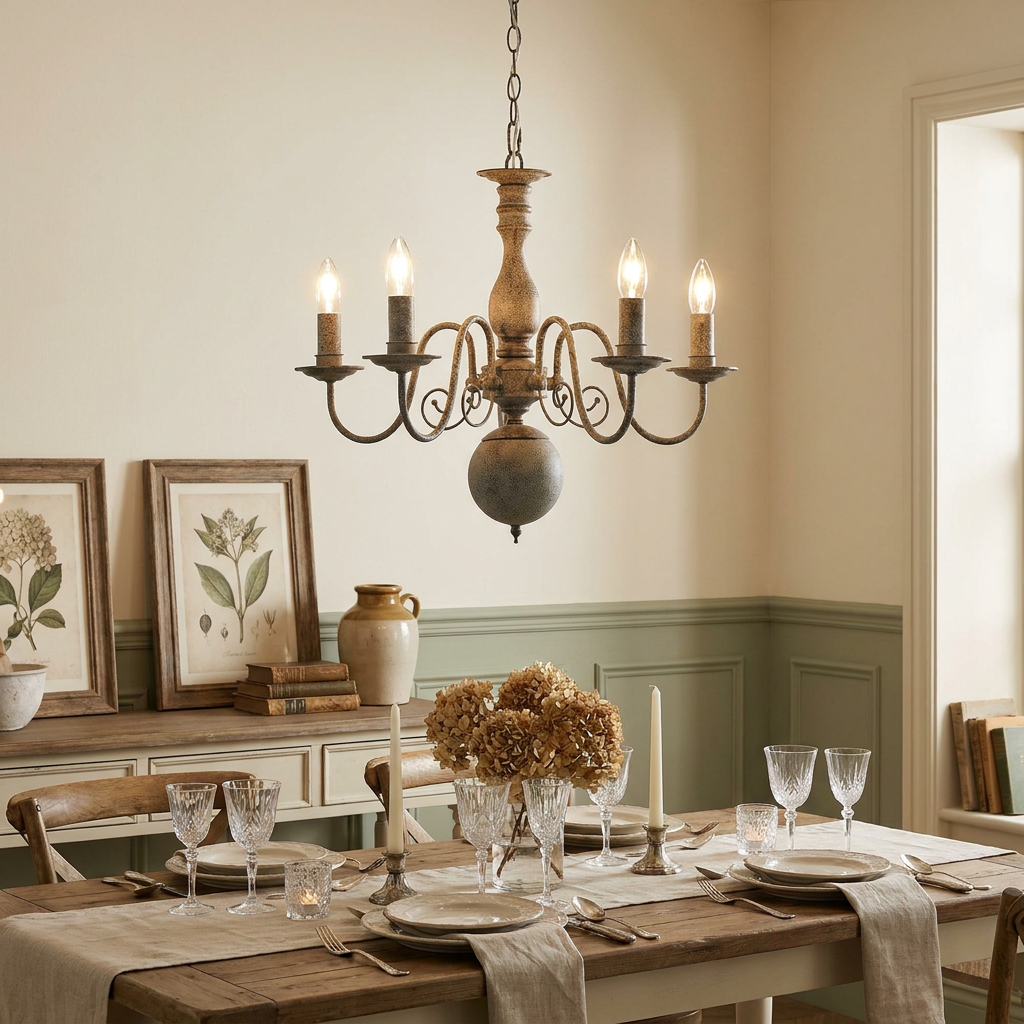 Greythorne 5-light textured grey chandelier with candle bulbs hanging over a rustic dining table.