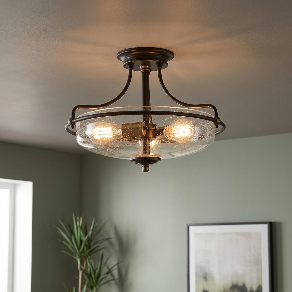 Griffin 3-light bronze semi-flush ceiling light with a seeded glass shade and exposed vintage-style bulbs.