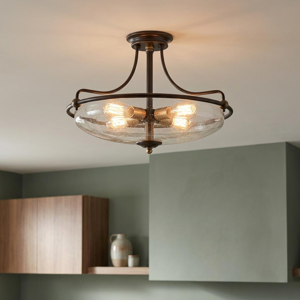 Griffin 4 light bronze semi-flush ceiling light with seeded glass bowl shade and lit vintage bulbs in a kitchen.