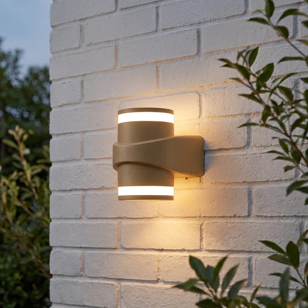 Gold cylindrical LED wall light with glowing stripes mounted on a white brick exterior wall.