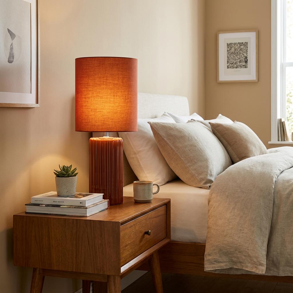 Burnt orange fluted table lamp with a matching shade on a wooden bedside table in a neutral bedroom.