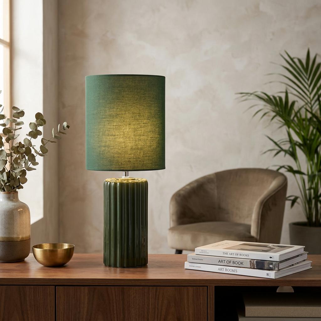 An olive green glazed ceramic table lamp with a fluted base and matching fabric shade sits on a wooden sideboard.