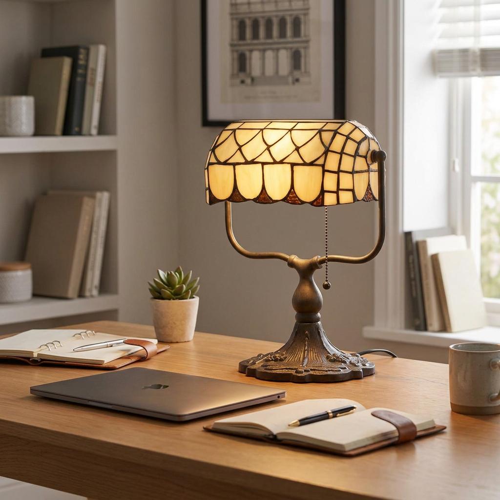 Guildford Tiffany Bankers Lamp with a cream scalloped glass shade on a wooden desk alongside a laptop and notebooks.