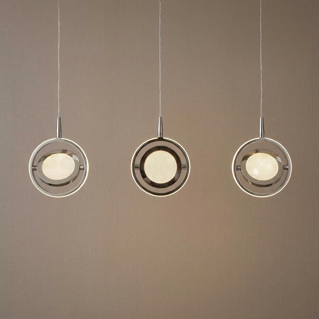 Three modern chrome ring pendant lights with crystal LED centers hanging in a row against a neutral wall.