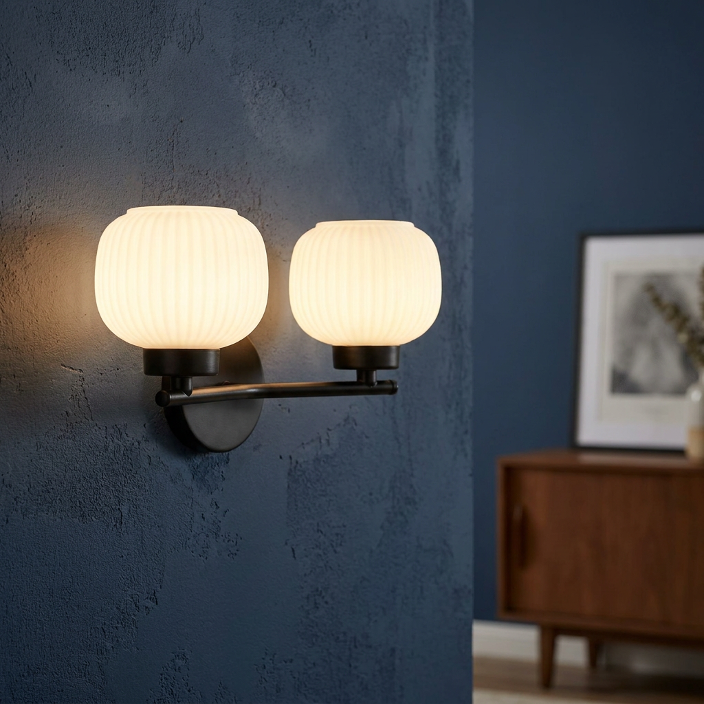 Hadden 2 Light Black Wall Light - Ribbed Opal Shades-warehouse-180926