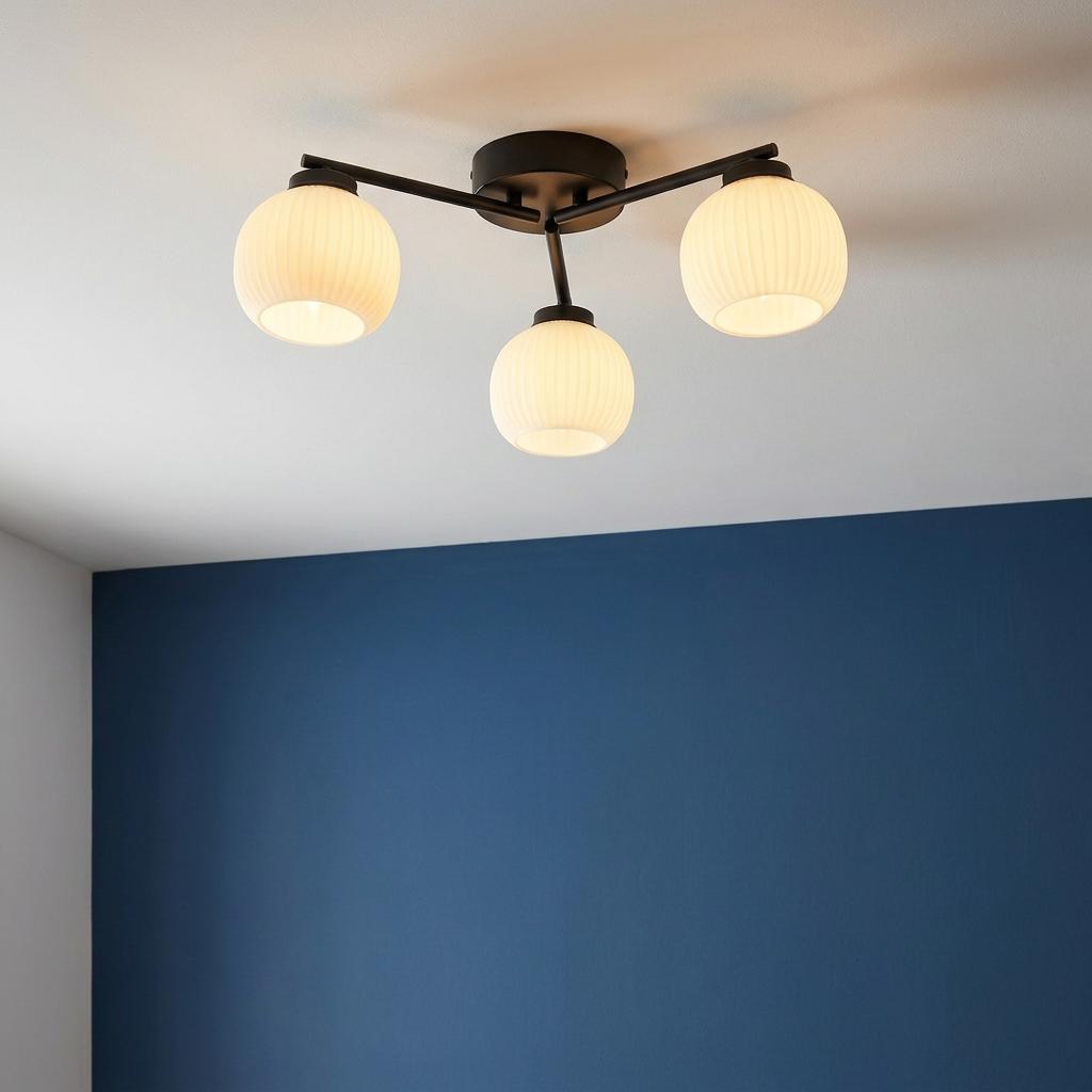 Hadden 3 Light Black Semi-Flush - Opal Ribbed Glass Shades-warehouse-180926