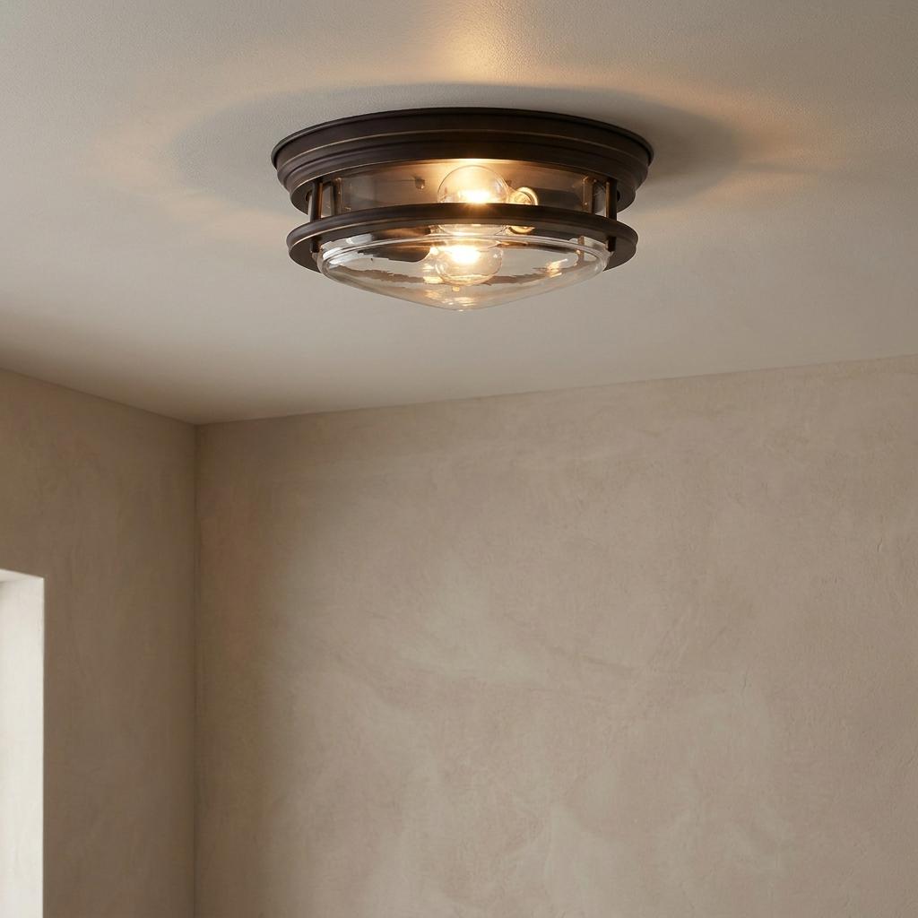 Hadrian two-light bathroom ceiling flush mount with clear glass and oil rubbed bronze finish on a neutral ceiling.