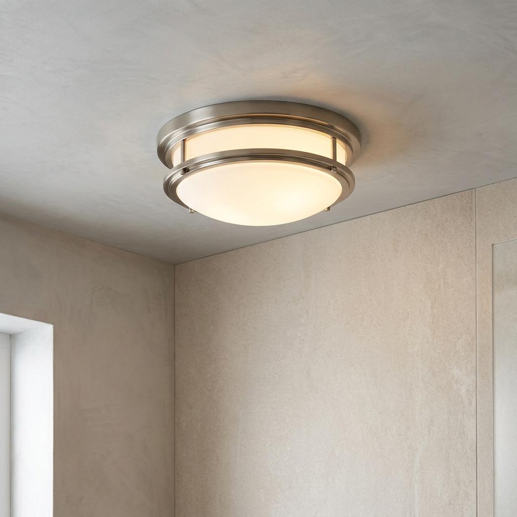 Hadrian 2-light flush ceiling light with opal glass and antique nickel finish in a minimalist bathroom setting.