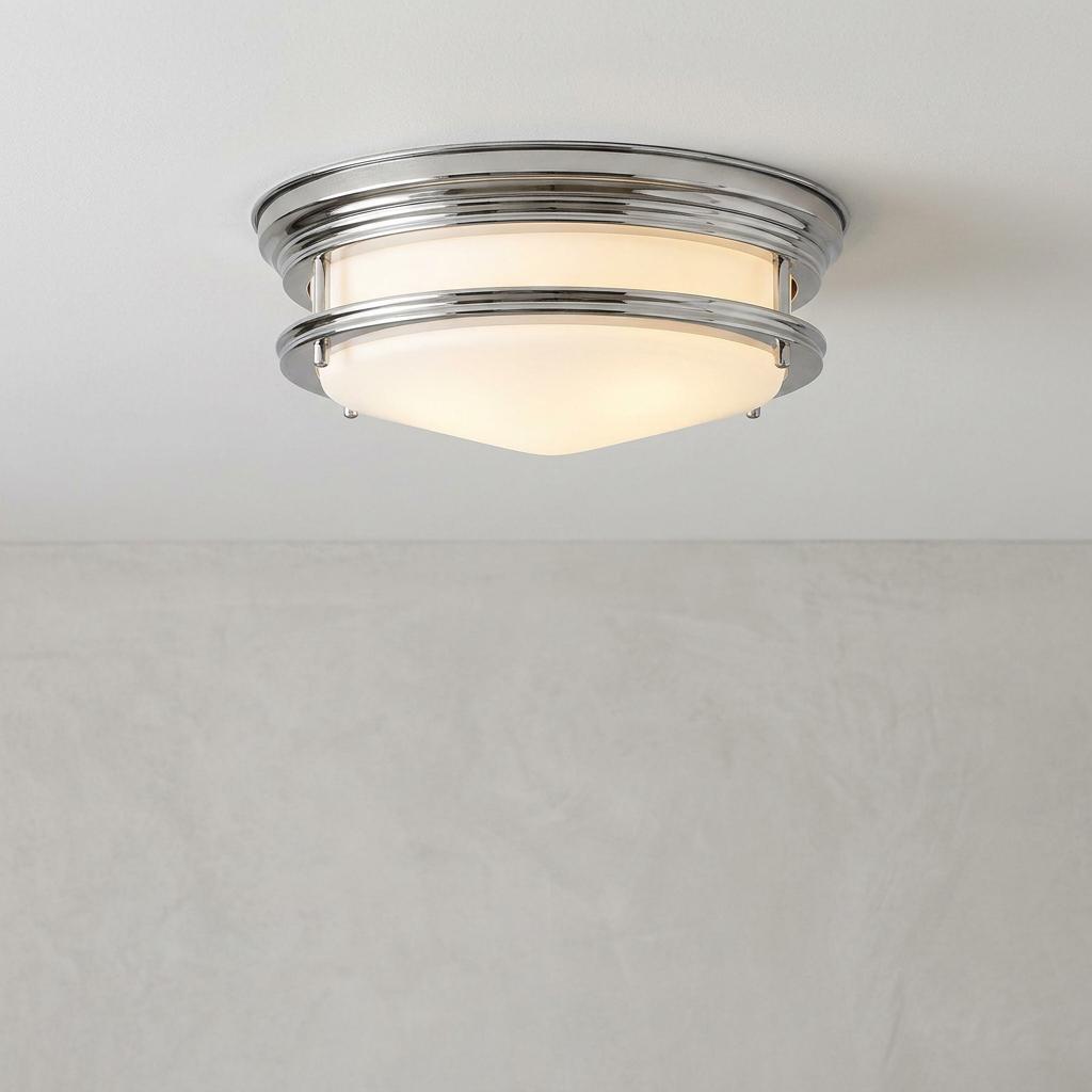 Circular flush mount ceiling light with polished chrome rings and a glowing white opal glass shade.