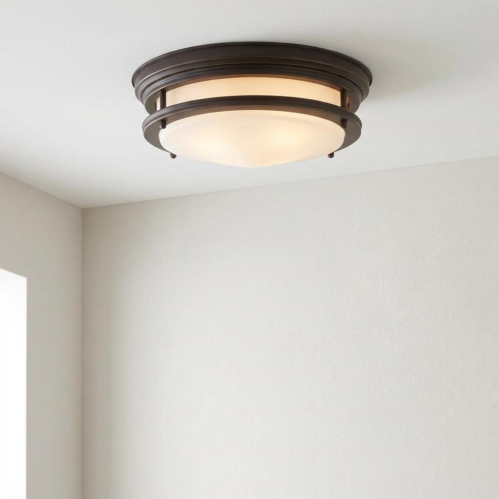 Hadrian two-light flush bathroom ceiling light with opal glass and oil-rubbed bronze trim on a plain white ceiling.