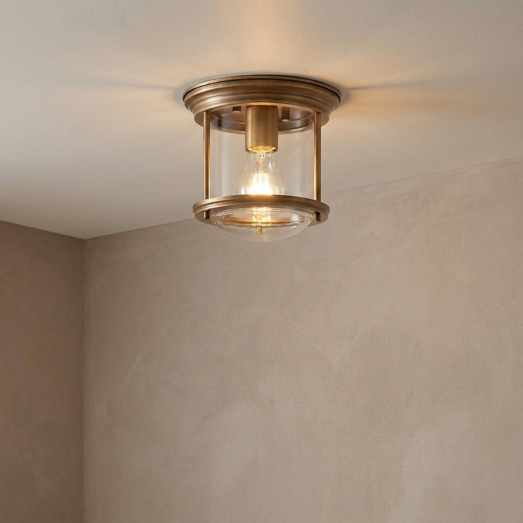 A brushed bronze flush mount ceiling light with a clear glass shade illuminated against a neutral wall.