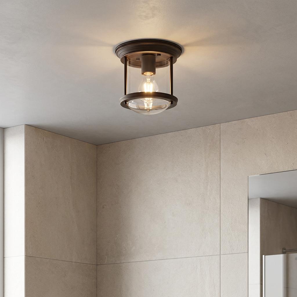 Hadrian flush bathroom ceiling light with clear glass and oil rubbed bronze finish, illuminated against a tiled wall.