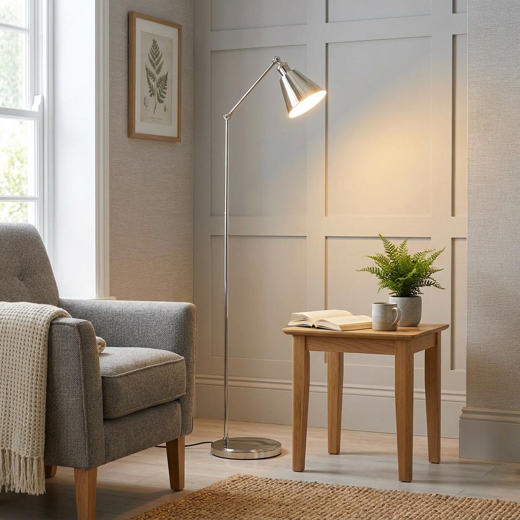 Hal Modern Nickel Floor Reading Lamp illuminating a cozy living room nook with a grey armchair and wooden side table.