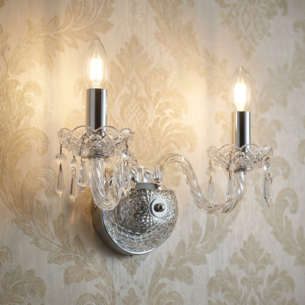 Two-light chrome and crystal wall sconce with candle bulbs and droplets on damask wallpaper.