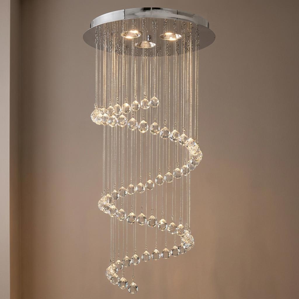 Chrome ceiling light featuring a spiral cascade of sparkling crystal spheres illuminated from above.
