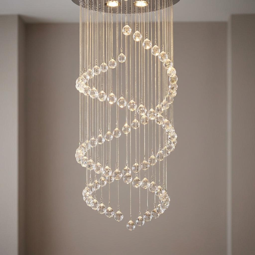 Double cascading pendant light with chrome base and spiraling crystal spheres hanging in a neutral hallway.