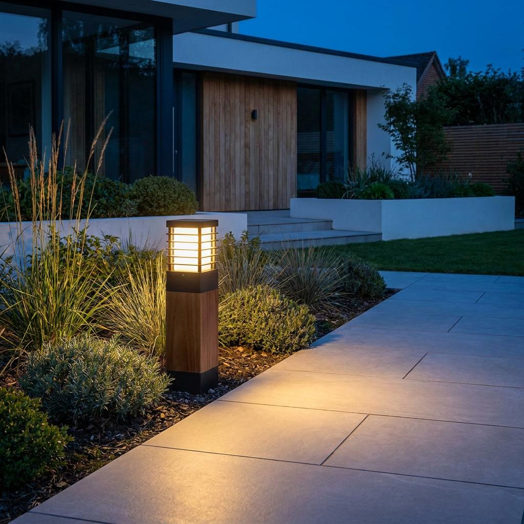 Black and Scandinavian wood mini bollard light glowing on a stone garden path at twilight.