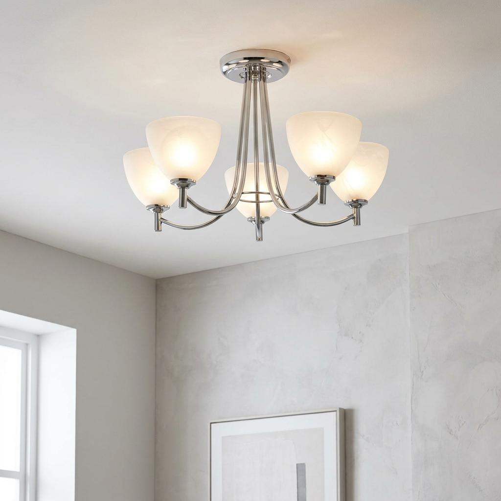 Hamburg 5-arm chrome finish semi-flush ceiling light with alabaster glass shades against a white ceiling.