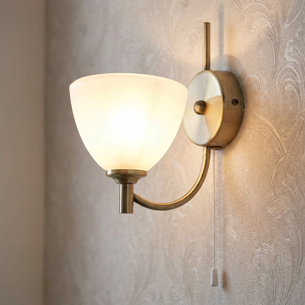Hamburg Art Deco wall light with a frosted glass shade and antique brass finish, glowing on a textured wall.