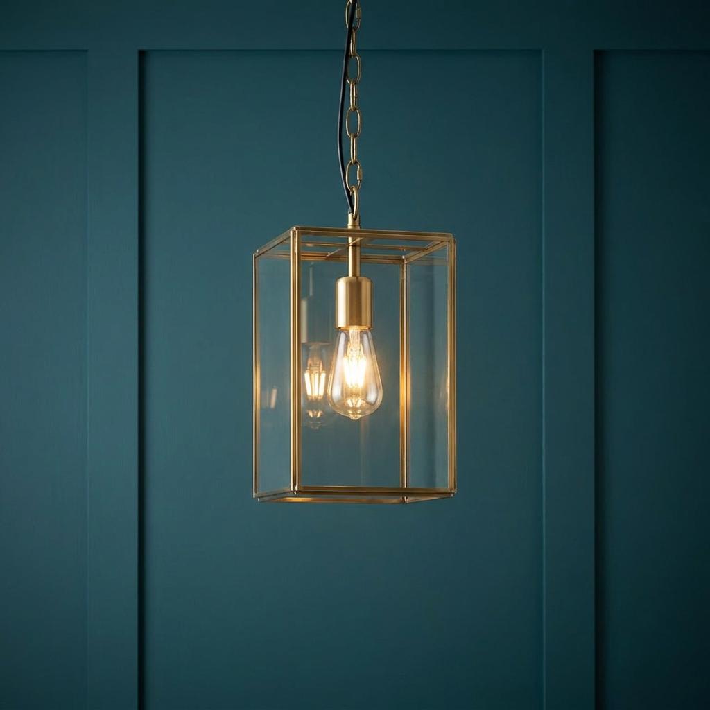 Brass framed glass box pendant light with a warm glowing bulb hanging in front of a teal paneled wall.