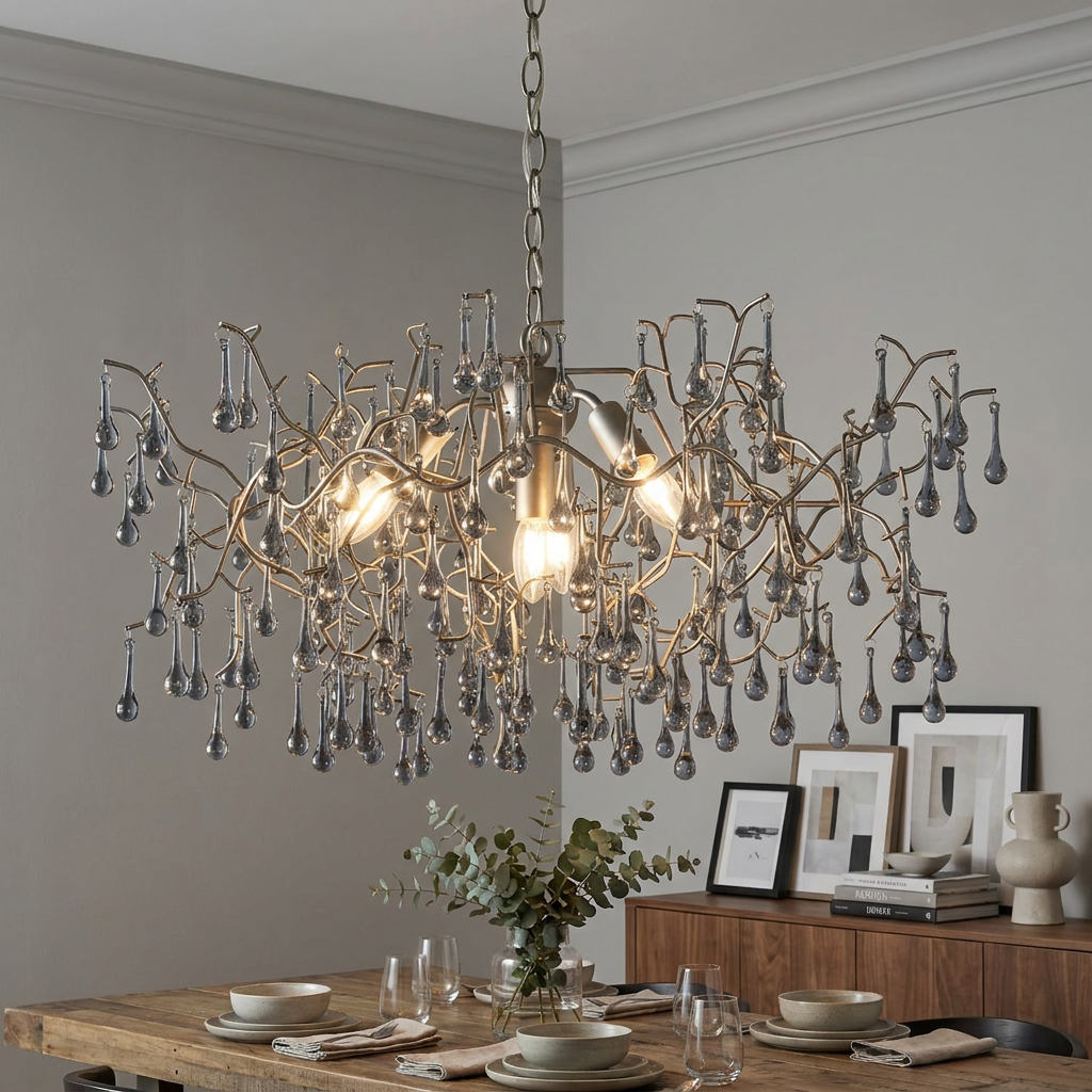 Elegant silver branch pendant with glass teardrops illuminating a contemporary dining room.