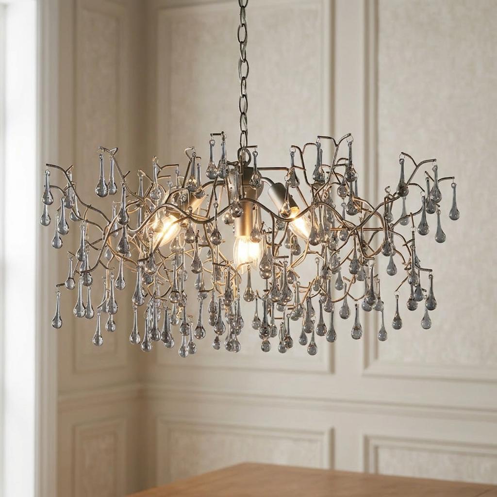 Hampshire 4-light silver pendant with cascading grey glass teardrops in a paneled room.