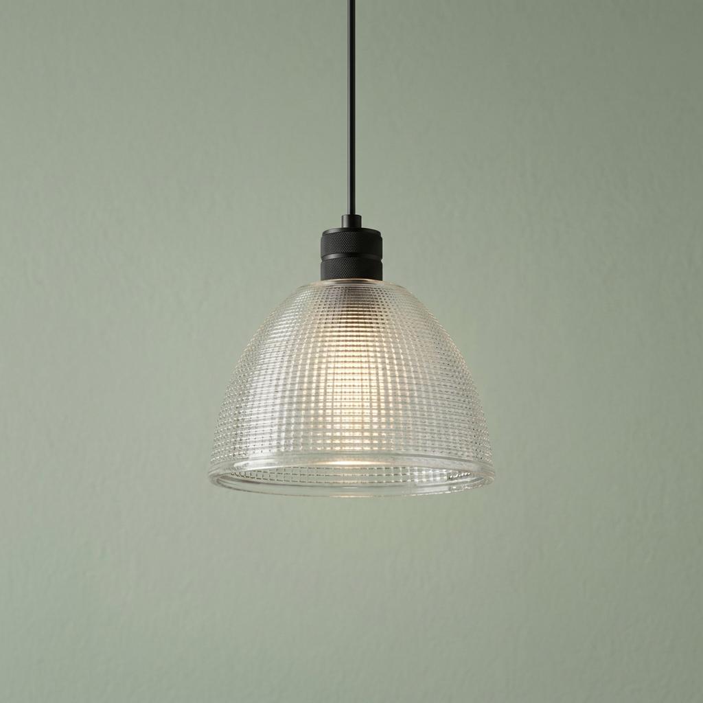 Prismatic smoke glass pendant light with black metal hardware hanging against a textured sage green background.