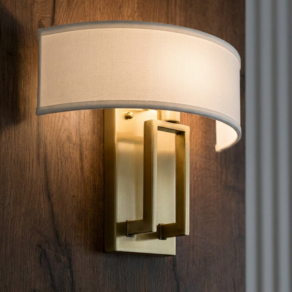 Brass wall sconce with a geometric frame and a curved white fabric shade mounted on a dark wood panel.