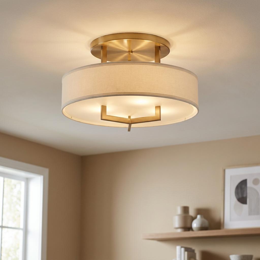 Hampton brass semi-flush ceiling light with a beige fabric drum shade, illuminating a neutrally toned room.