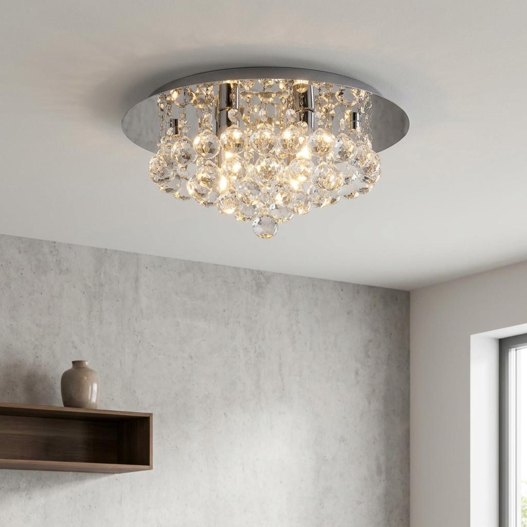 Hanna 4-light chrome flush ceiling light with cascading crystal balls illuminating a modern interior.