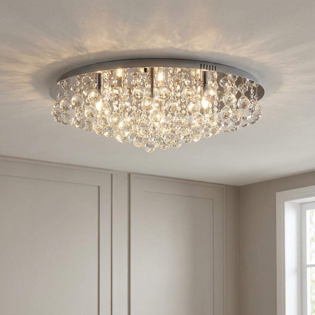 Modern circular chrome flush ceiling light with cascading crystal glass drops illuminating a neutral living room.