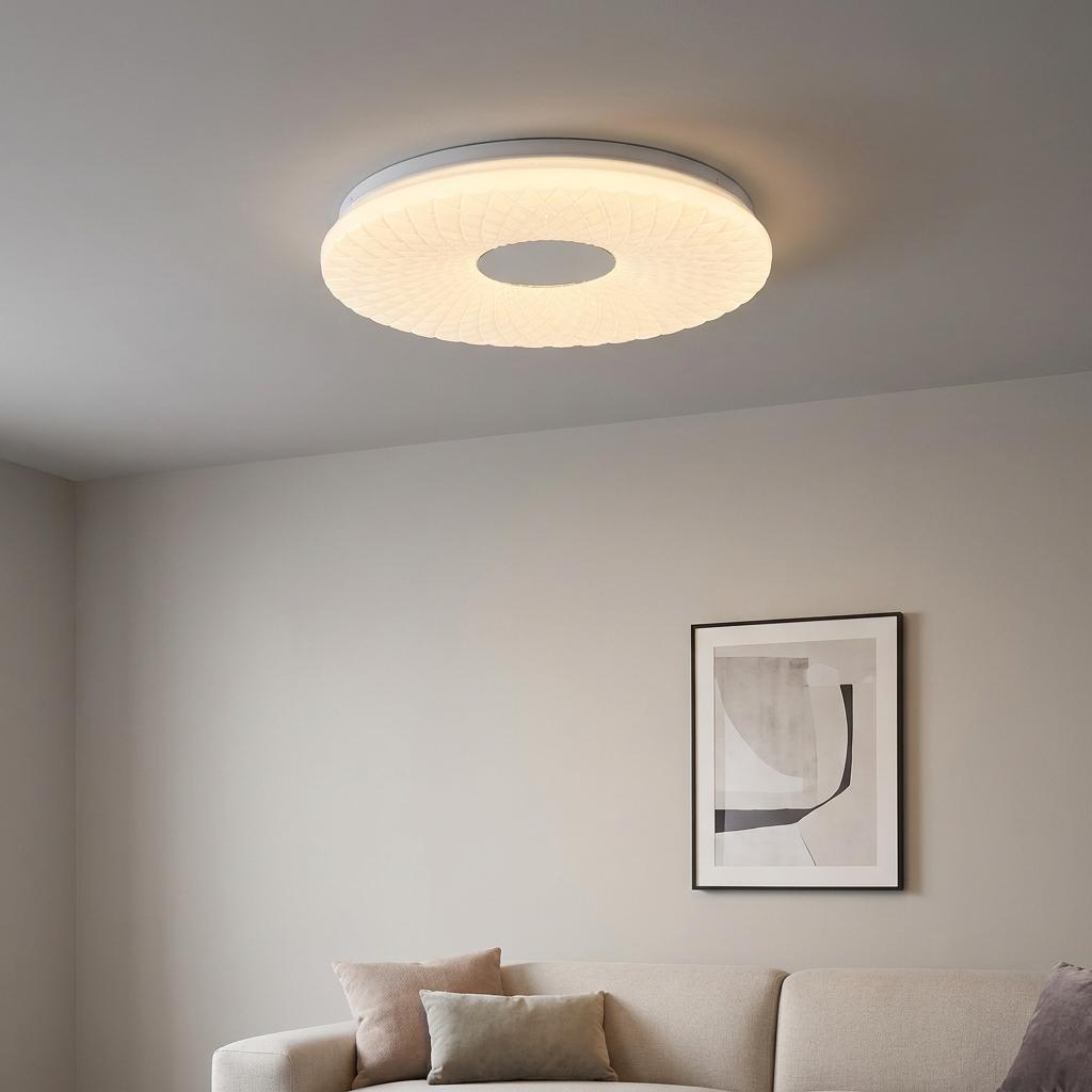 Textured donut-shaped flush ceiling light glowing in a modern living room setting.