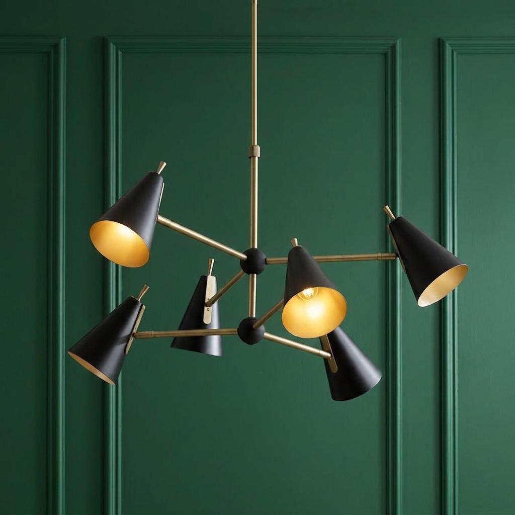Harlesden six-light industrial pendant with black cone shades and gold interiors against a green paneled wall.