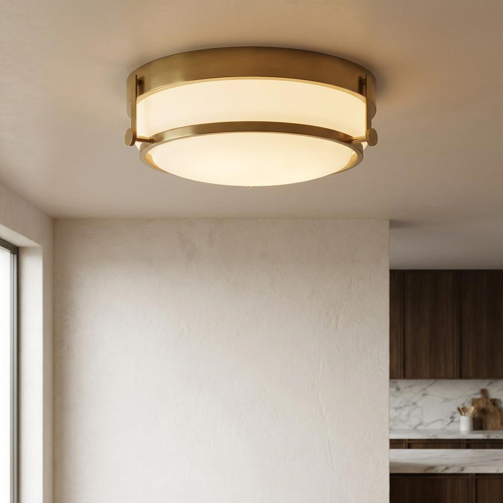 Harper 3 Light Brass Flush Ceiling Light Opal Glass Shade-warehouse-180926