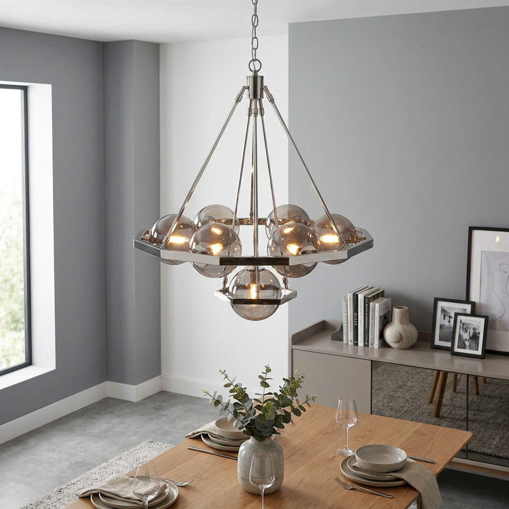 Seven-light polished nickel chandelier with tinted glass globes in a contemporary grey dining room.