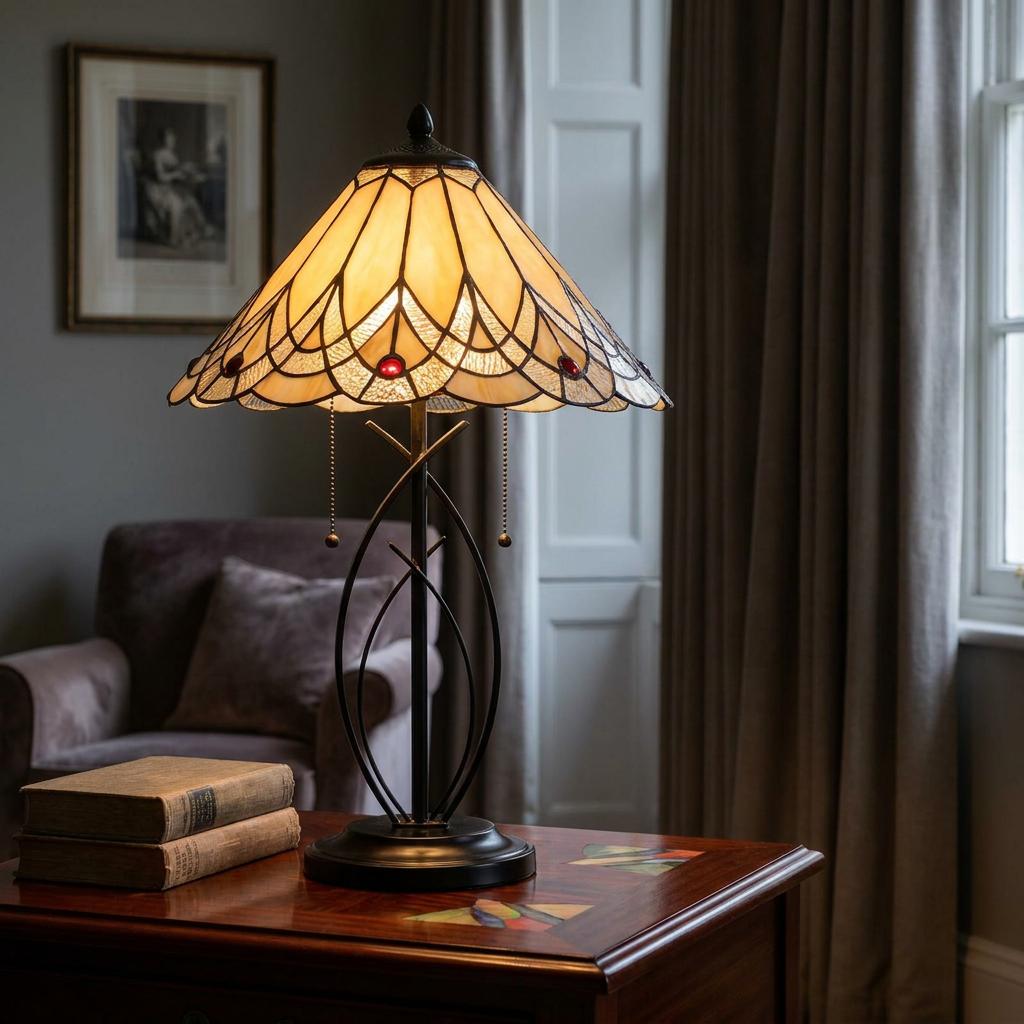 Tiffany table lamp with cream stained glass and red jewels on a dark arched base, set on a wooden table with books.