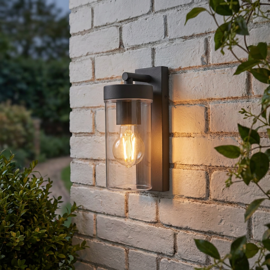 Modern grey outdoor wall light with a clear glass shade and warm glowing bulb on a white brick wall.