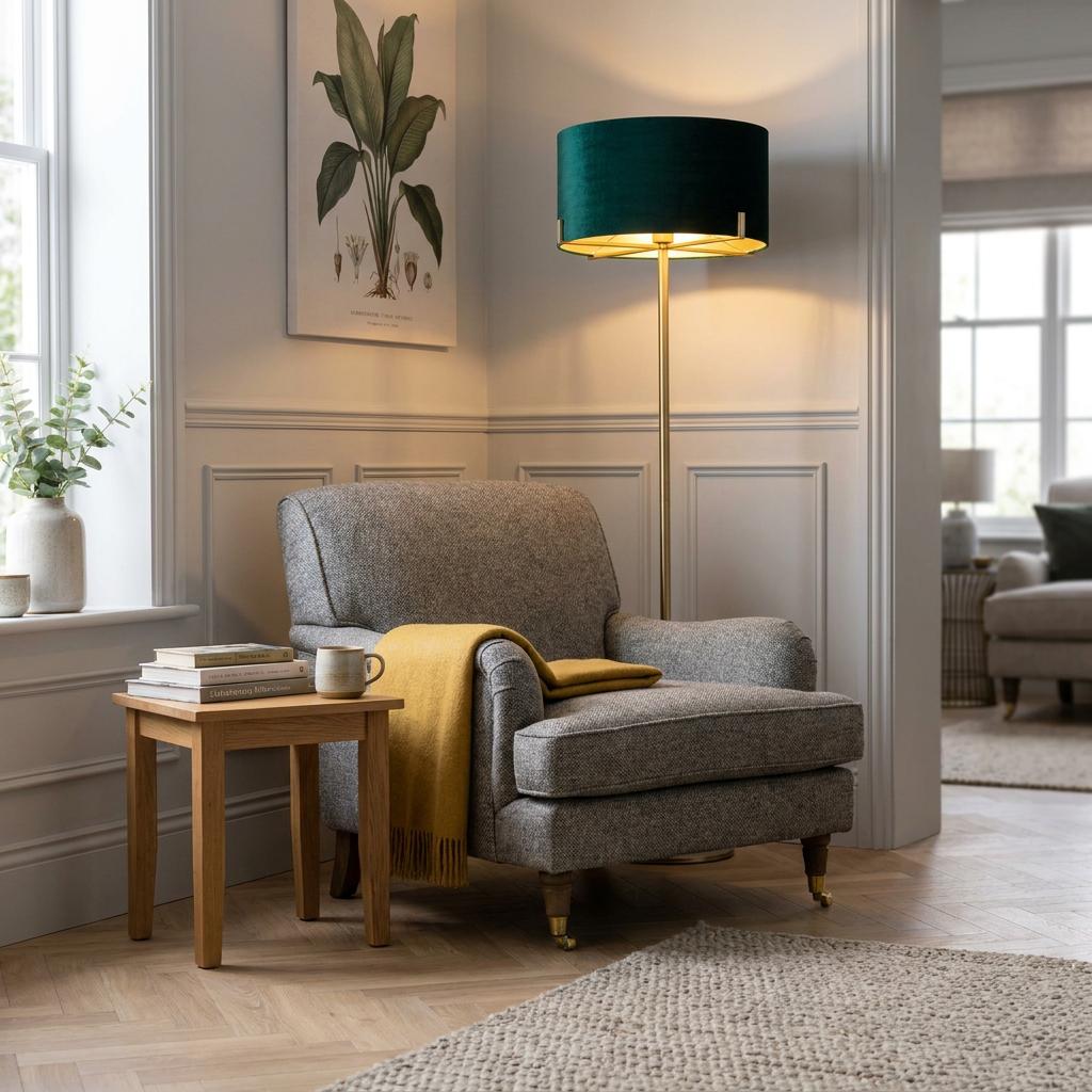 Hayfield bronze floor lamp with a green velvet shade stands next to a grey armchair in a cozy living room corner.