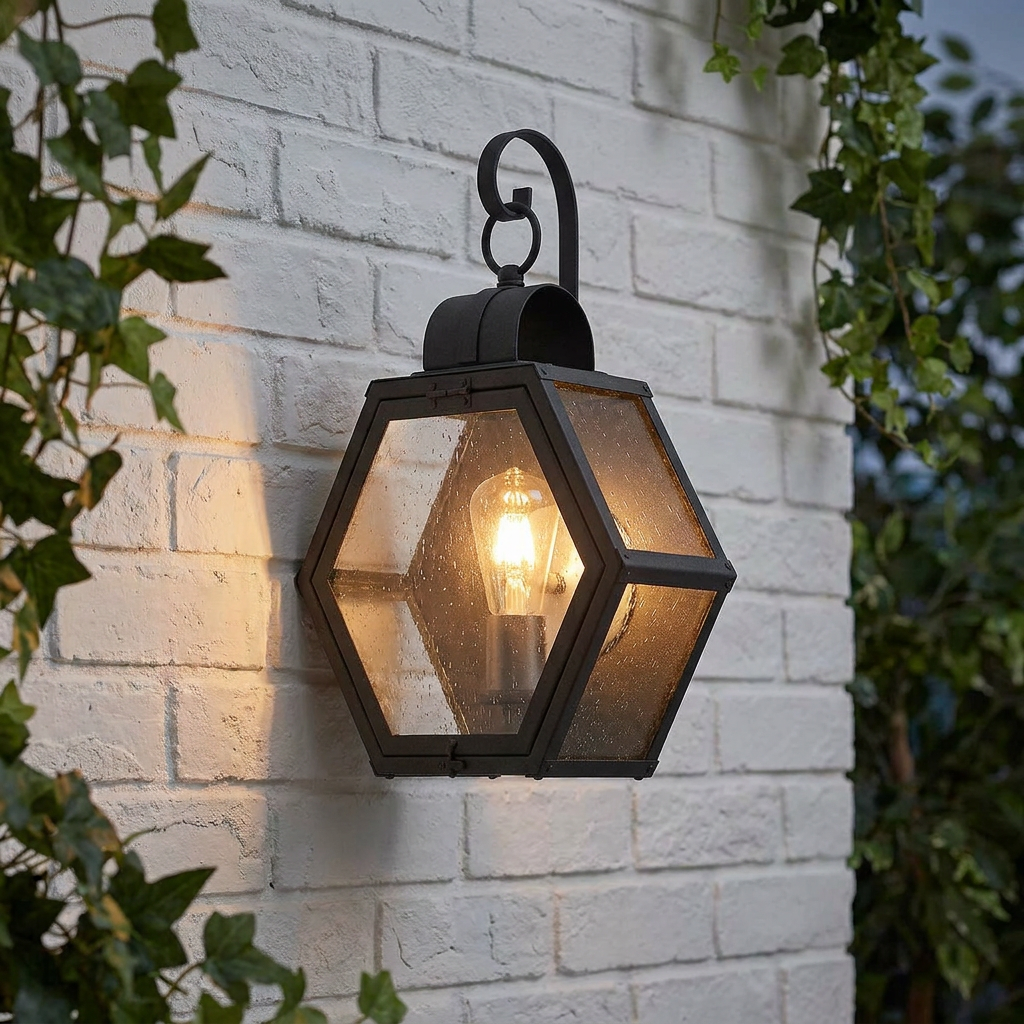 Black hexagonal outdoor wall lantern with seeded glass, lit on a white brick wall with ivy.