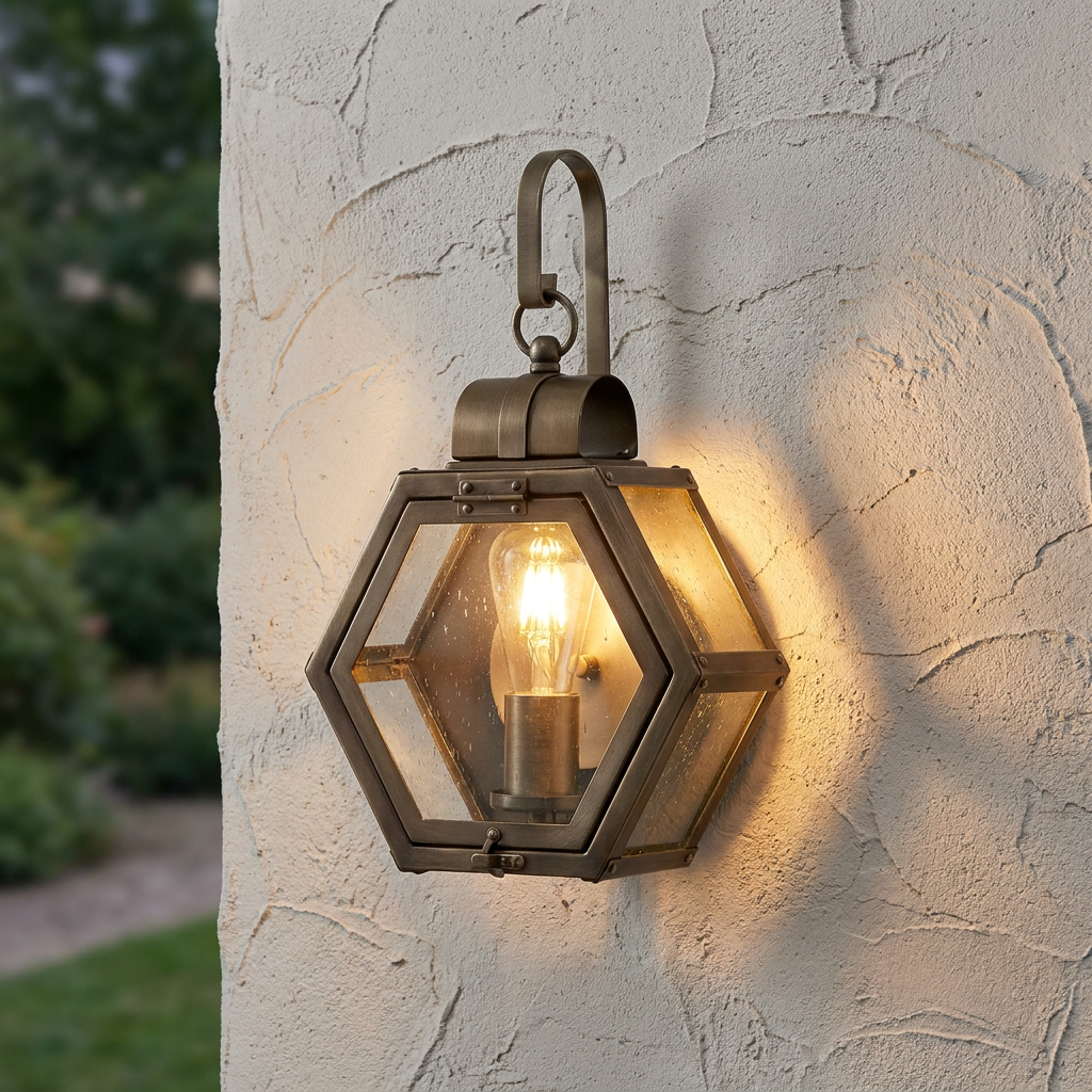 Hexagonal bronze outdoor lantern with seeded glass and a warm glowing bulb on a textured stucco wall.