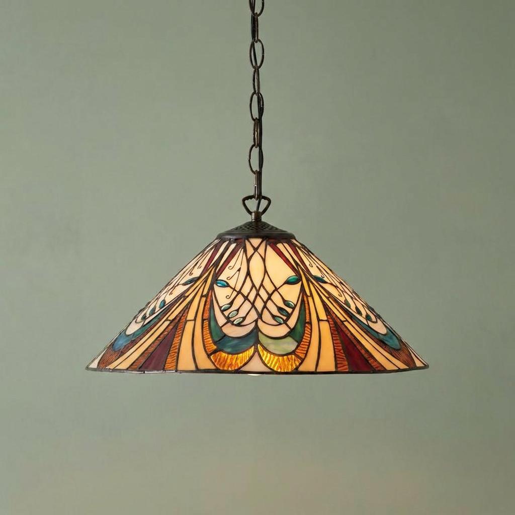 Art nouveau Tiffany-style ceiling pendant with a colourful conical stained glass shade hanging from a chain.