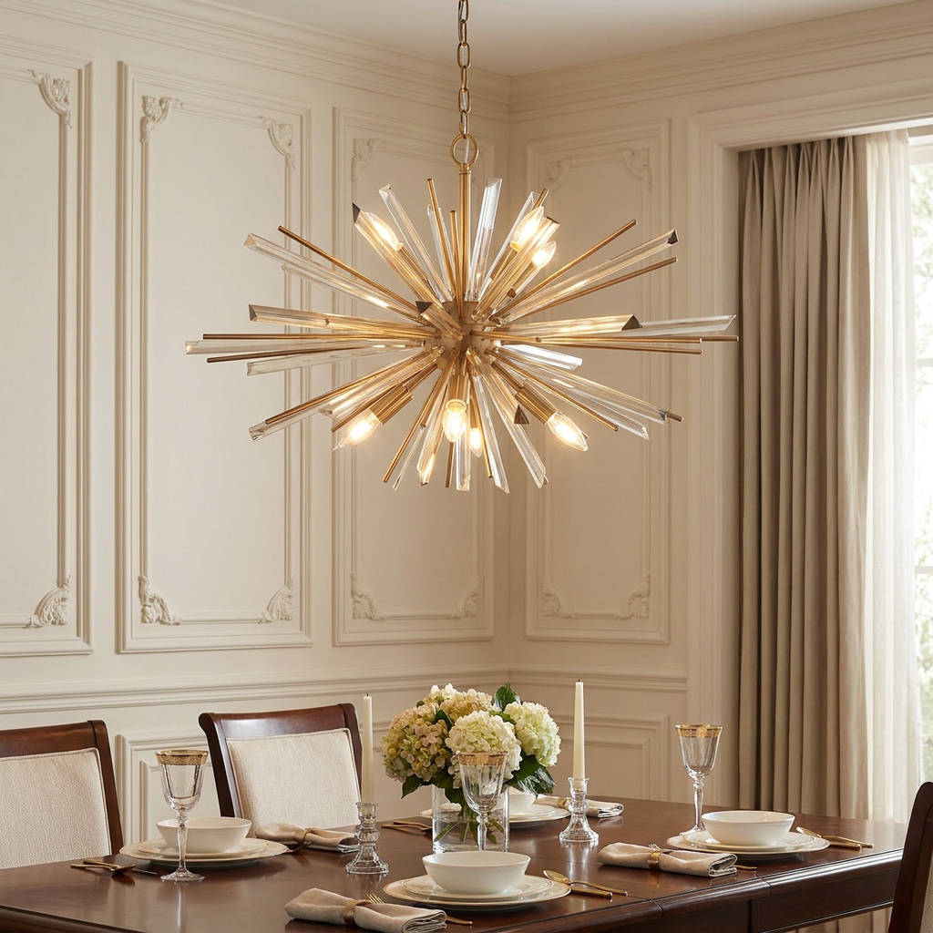 Antique brass starburst chandelier with glass prisms hanging over a set dining table in an elegant room.